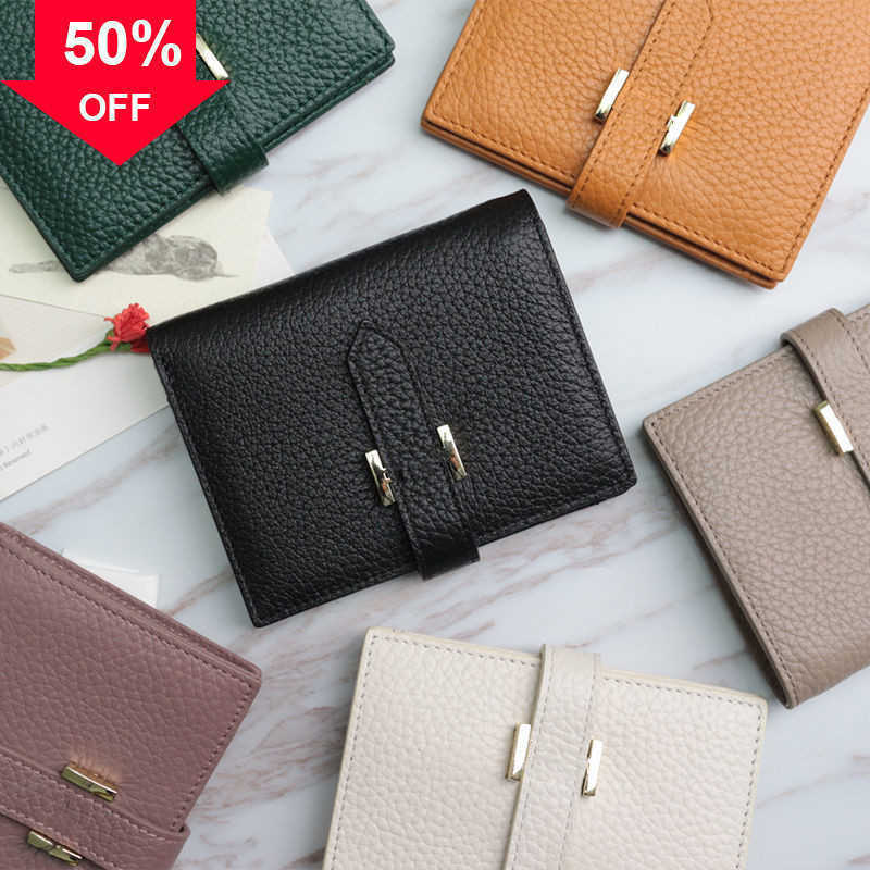 

Luxury Designer Handbag New European and American Famous Leather Wallet Women's Thin Two Fold of Cowhide Simple Short Card Bag H-button Soft Factory Direct Sale, Purple pink