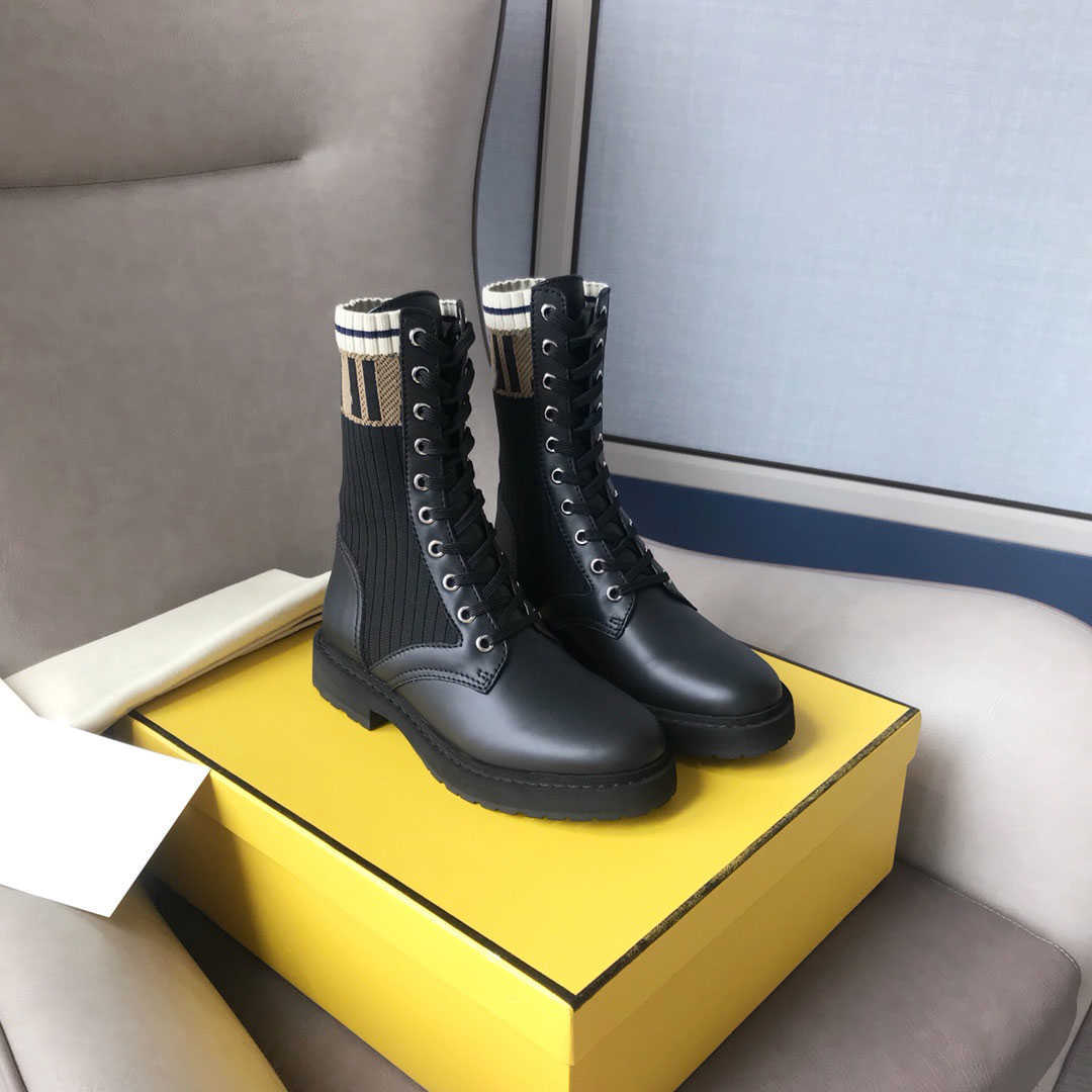 Bottes épaisses à lacets pour femmes, chaussures noires de moto, tricot rapide, cuir imprimé, manches en tissu élastique, 2023