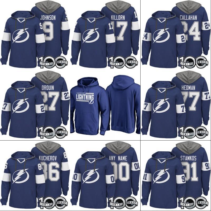 

College wear Tampa Bay Lightning Hoodies 100th 86 Nikita Kucherov 9 Tyler Johnson 77 Victor Hedman 91 Steven Stamkos 27 Jonathan Drouin Jers, 27 blue