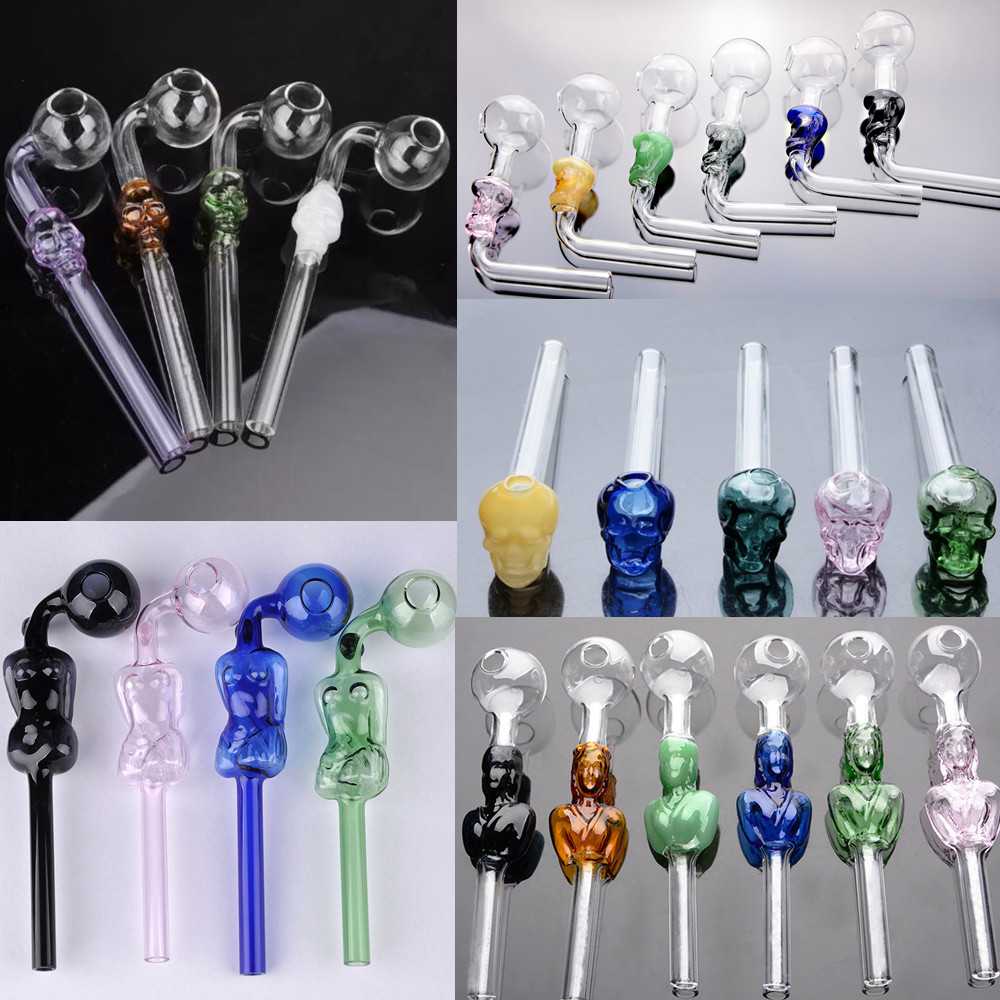 

Colorful Gass Hookah Skull Smoke Handle Pipe Curved Mini Smoking Pipes Hand Blown Recycler Oil Burner