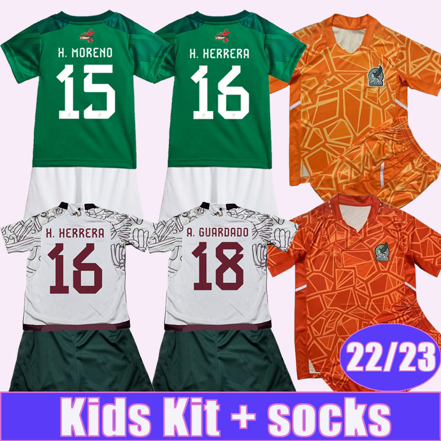 

22 23 Mexico Kids Kit Soccer Jerseys H. LOSANO RAUL GUARDADO CHICHARITO G DOS SANTOS O.PINEDA A.GUARDADO Home Away Goalkeeper Football Shirts, Tz11584 22 23 goalkeeper no socks