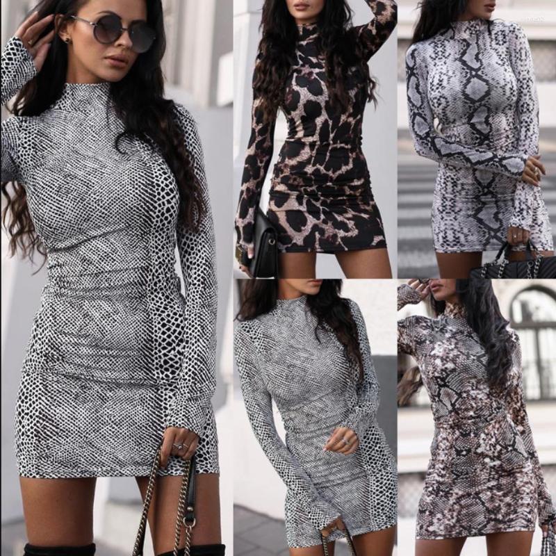 

Casual Dresses Autumn Winter Women Long Sleeve Snake Print Stand Collar Slim Dress Sexy High Waist Short Bodycon, Gray