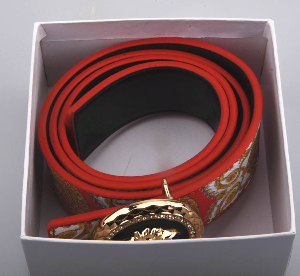 

Wholesale Betls Gold head buckle Mens Womens Designer Verssaace Belt G Genuine Cowhide Leather Size 105-125CM, Red