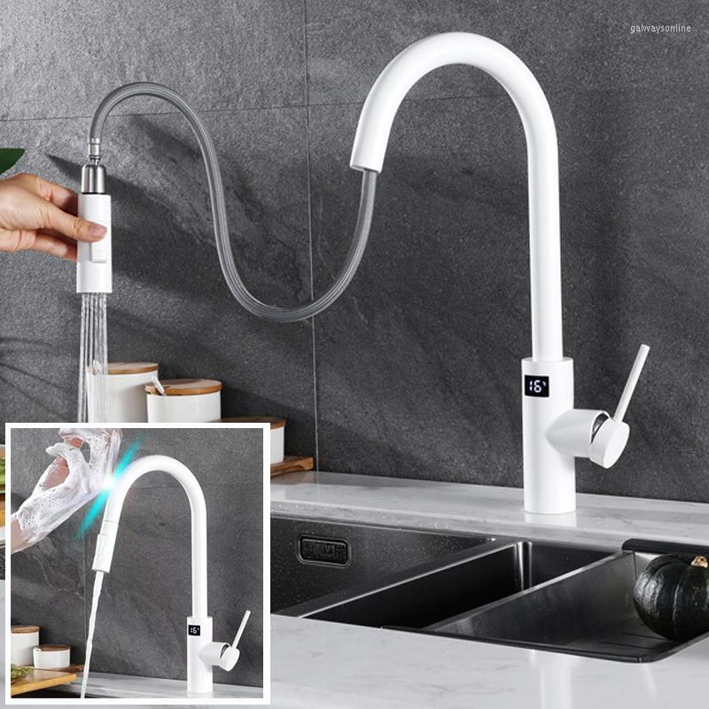 

Kitchen Faucets Intelligent Faucet Digital Led Temperature Display White Cold Water Pull Out Touch Sensor Swing Wash Basin Tap