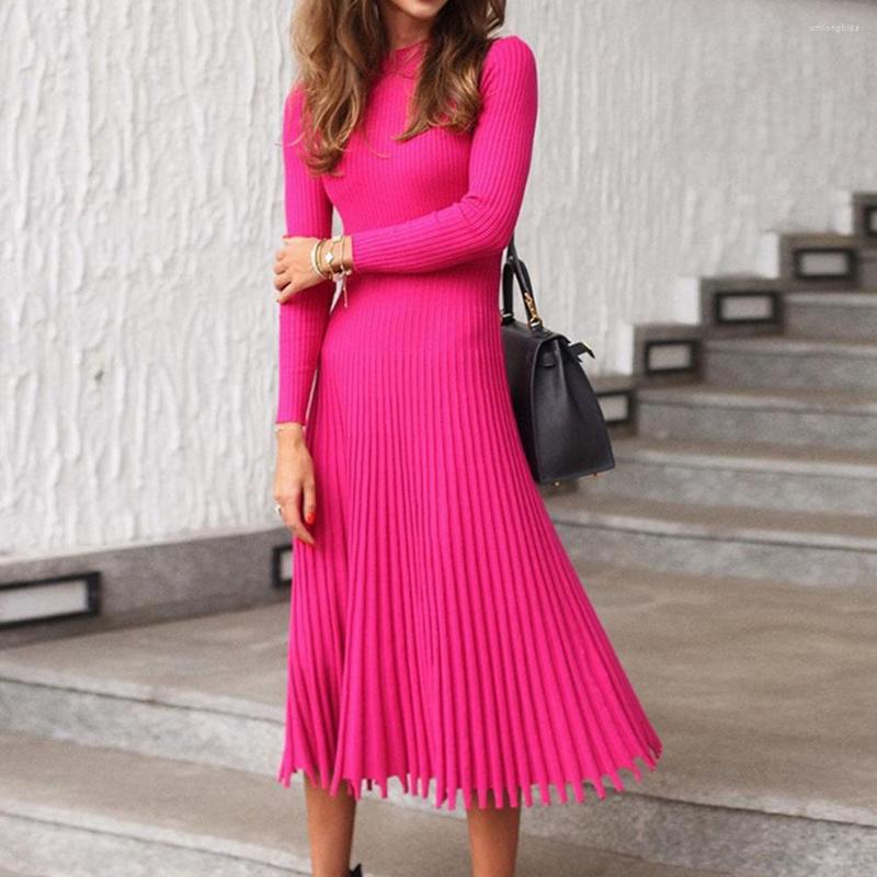 

Casual Dresses Women Sweater Knitted Dress Pleated Flare 2022 Autumn Winter Pink Long Sleeve Knit Designer Sweaters Knitting Midi Fall, Red