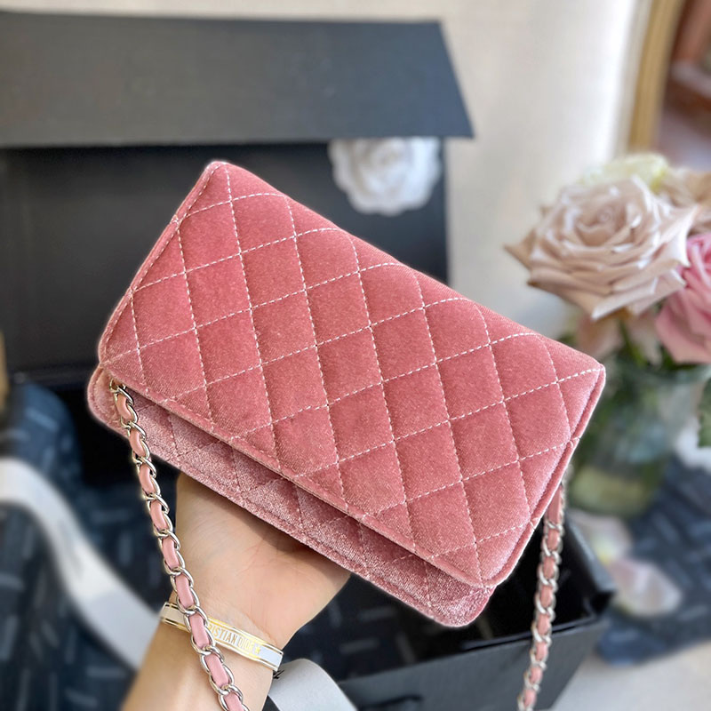 

French Women Velour WOC Wallet Quilted Bags With Silver Metal Chain Crossbody Shoulder Purse Multi Pochette Card Holder Back Pouch Designer Handbags 19X12CM, Box