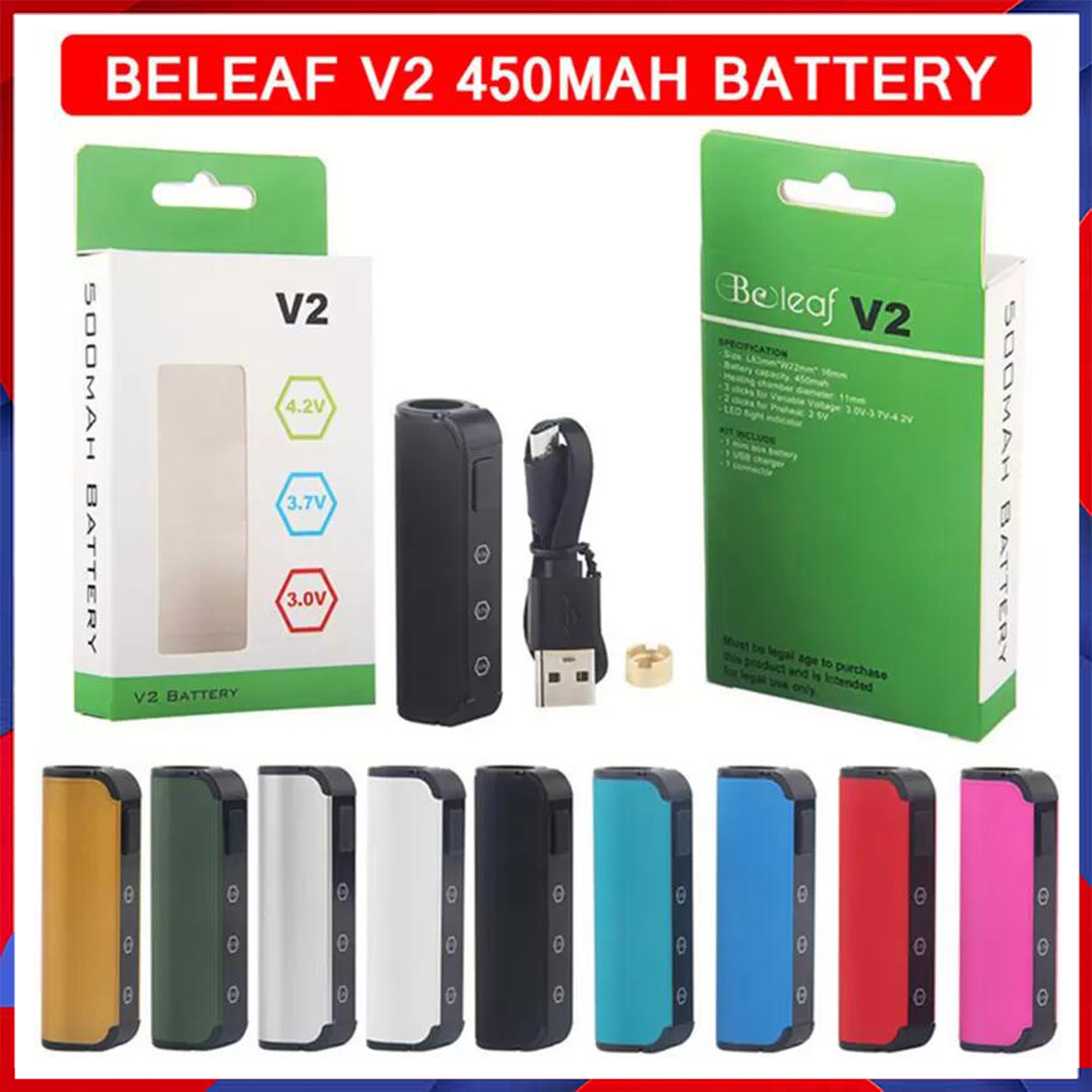 

Original Beleaf V2 Vape Battery Mod 510 Thread Preheat 450mAh Variable Voltages Vaporizer Pen With Magnetic Connection for All Thick Oil Empty Carts