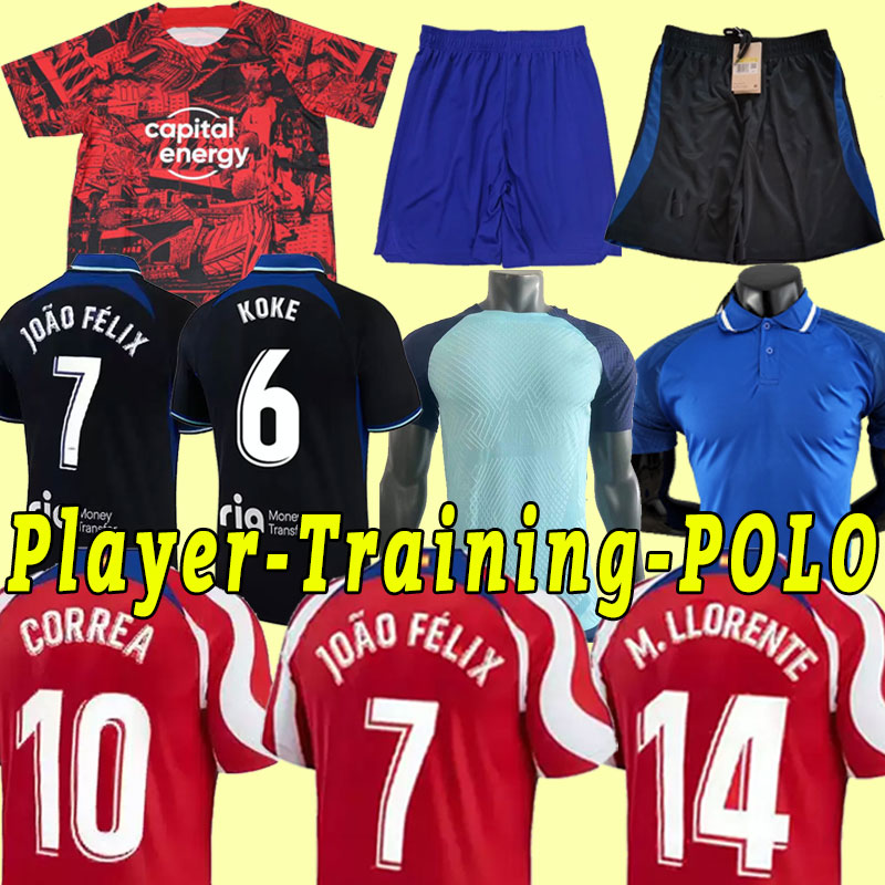 

soccer jerseys 22 23 JOAO FELIX 2022 2023 M. LLORENTE Correa camiseta football shirts GRIEZMANN R. DE PAUL Cunha CARRASCO Atletico MadridS shorts POLO training third, Away+patch