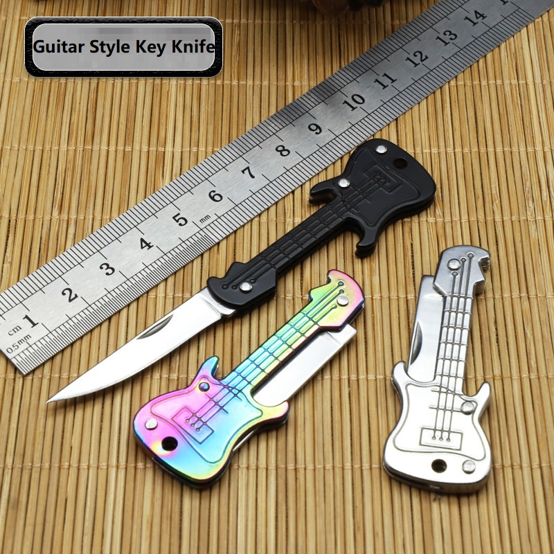 

3 Colors New Guitar Shape Keychain Knife Mini Folding Knife Outdoor Camping Hunting Knives Pocket Fruit Knife Bag Key Pendant EDC Utility Tools Self Defense Tool