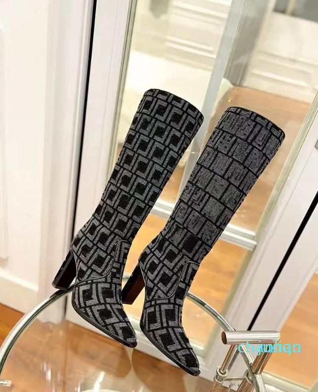 

High-heeled chenile boots Baguette boot with square toe with blue and black jacquard motif Heel height 110 mm Ladies Fashion Design 011