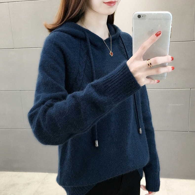 Pullover Women's Sweater Loose Knitted Hooded Long Sleeve Jumper Thick Solid Ladies Sweater Casual Winter Tops