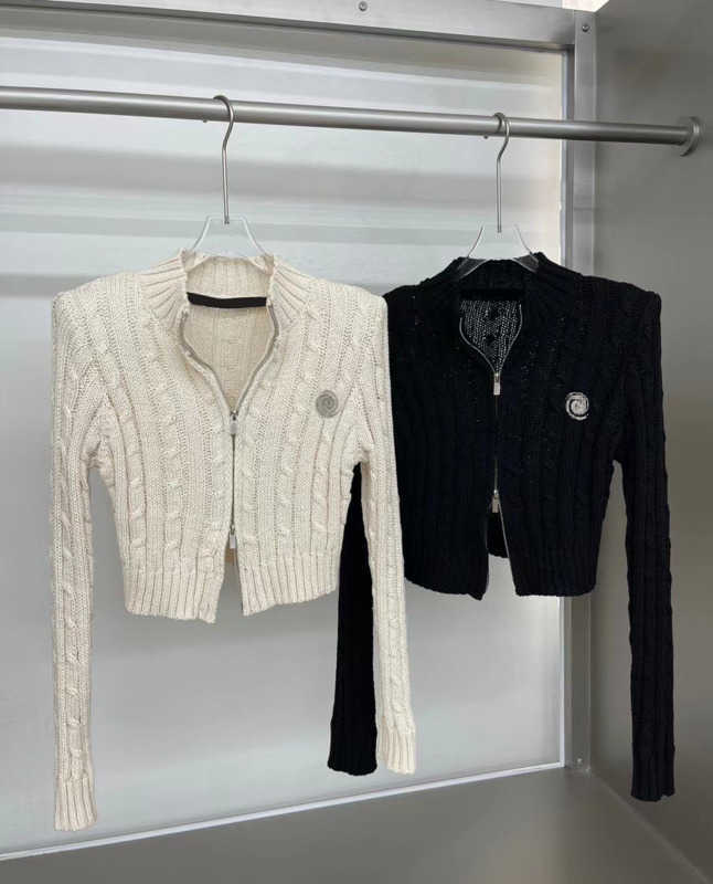 

Cardigan Womens Sweaters Stand Neck Wool Double Zipper Short Cardigans Bright Diamond Removable Pin Self-matching Shoulder Pads Knitted Shirt Women Clothes 1970