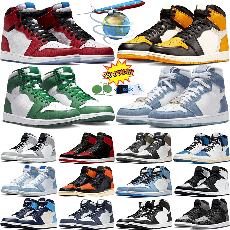 

Retro 1 1s basketball shoes J1 Gorge Green spider man Light Smoke Grey Taxi Denim Bred Patent Shattered Backboars 3.0 Travis Scott sneakers with tag socks, #28 satin snake