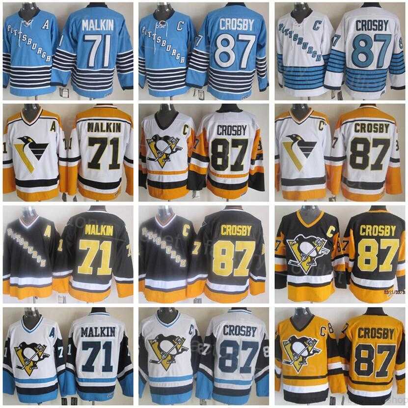 

Retro Pittsburgh Throwback Penguins Hockey 71 Evgeni Malkin Jersey 87 Sidney Crosby Vintage Classic Team White Blue Yellow Color CCM All Stitched For Sport Fans