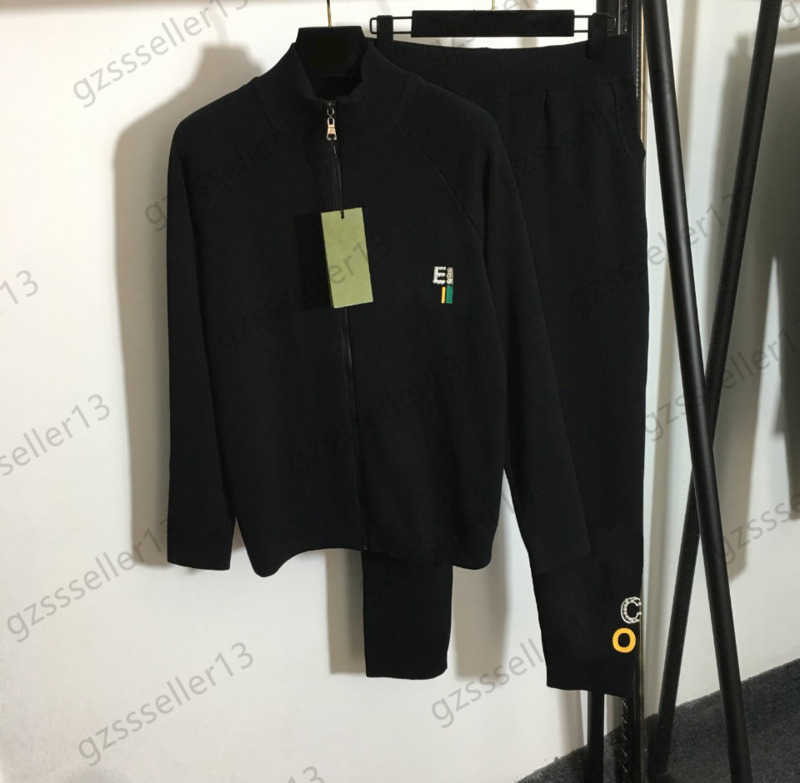 

Brand Womens Two Pieces Pants Knitted Tracksuits Chest Pearl Nail Drill Letter Print Zipper Cardigan Elastic Waist Slim Trousers Designer Simple Women Clothes 1970