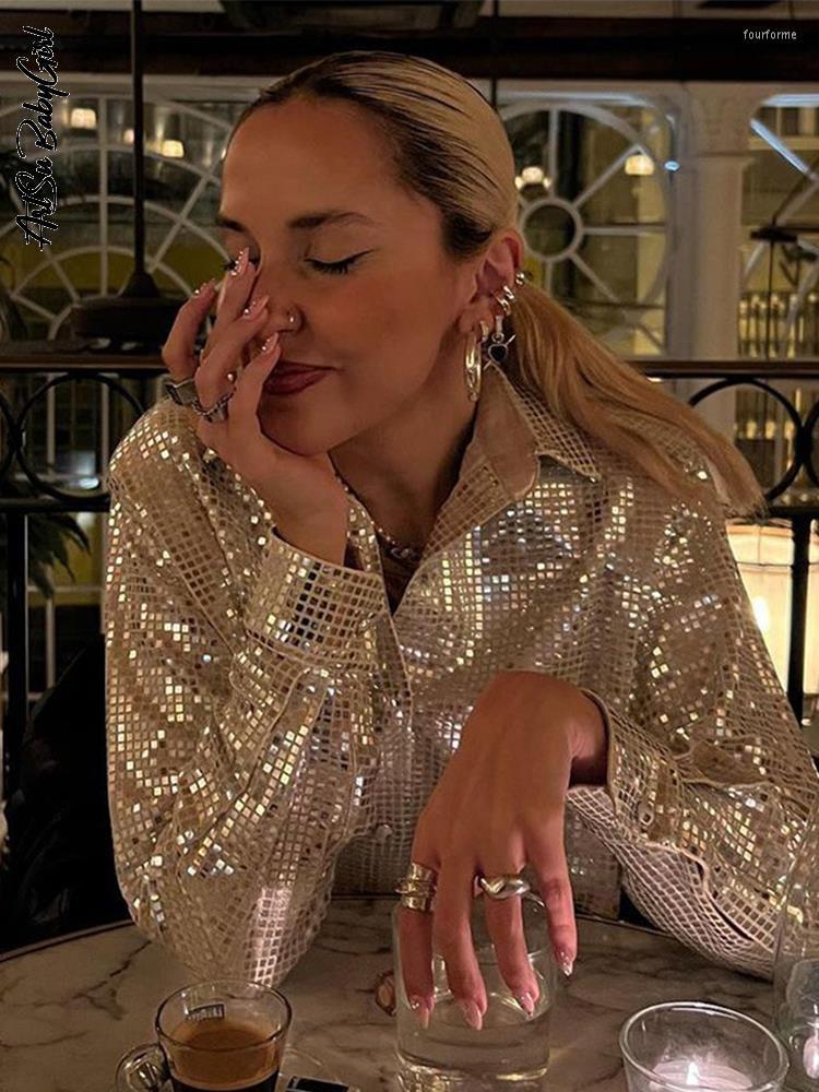 Women&#039;s Two Piece Pants Sequins Blouse Shirts Long Sleeve Top Button Up Shirt Y2K Clothes Club Party Women Autumn Winter Streetwear Glitter-image-813301979