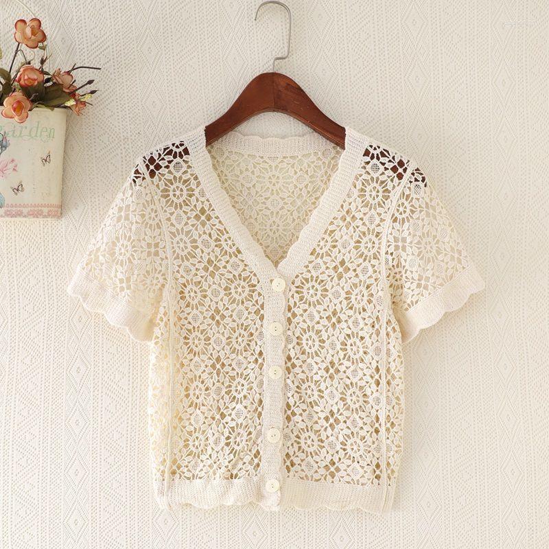 

Women's Knits Women's & Tees 2022 Korean Version Of Crocheted Sweater Short-sleeved Lace Cardigan With Summer Short Western Casual Top, Beige
