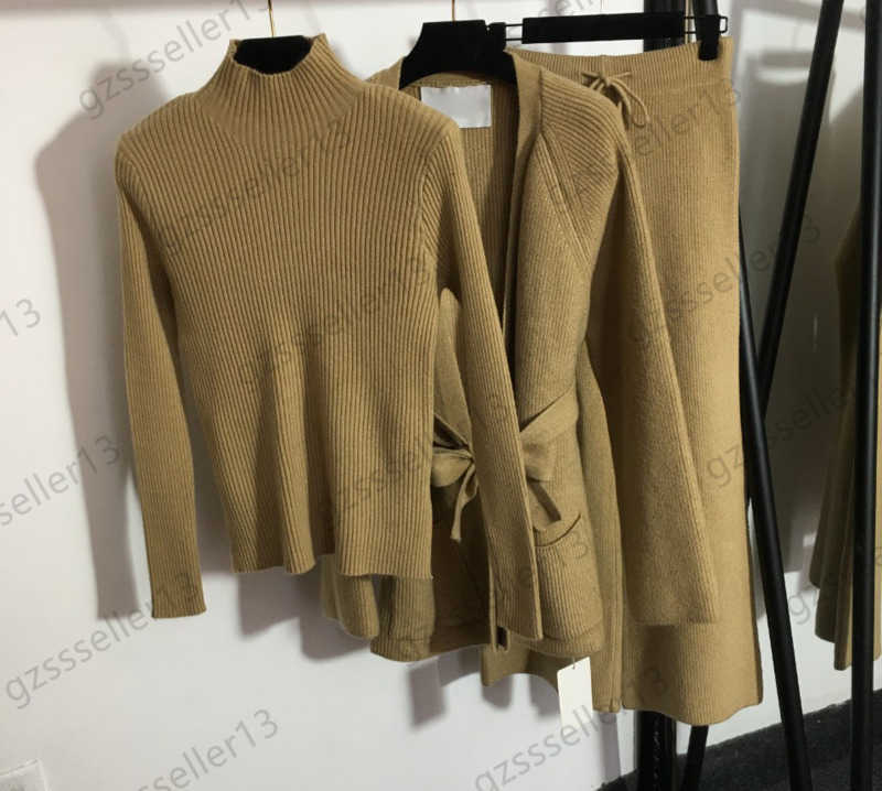 

Womens Three Pieces Pants Half-high Neck Long Sleeved Knit Sweater Lace-up Slim Pocket Cardigan Elastic High Waist Casual Trousers Women Apparel 3 Colors 1970
