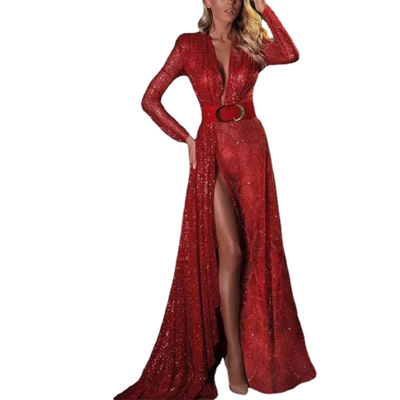 Luxe scintillant cristal robe de soirée de bal 2023 à manches longues col en V profond paillettes formelle robe de soirée Sexy fente robes de rec
