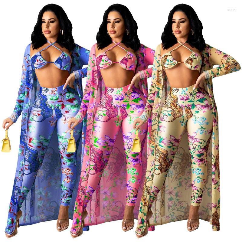 

Women' Two Piece Pants Women' Zaggin 2022 Autumn Fashion Women Print 3-color 3-Piece Set Sexy Lady Bikini And Full Sleeve Belt X-Long, Blue
