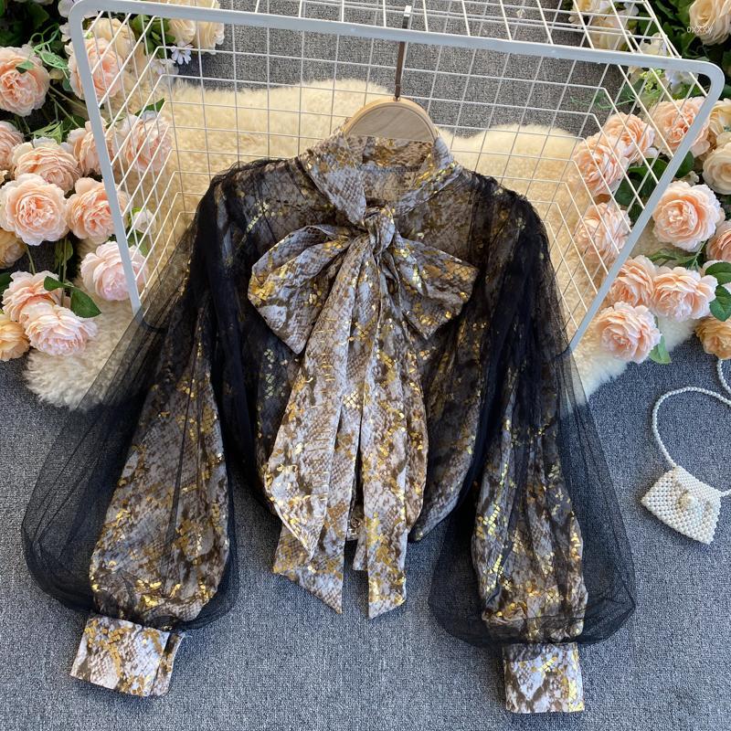 

Women's Blouses Women's & Shirts Lady Fashion Bow Neck Mesh Long Lantern Sleeve Loose Vintage Snakeskin Shirt Blouse Women Elegant Tops, Black