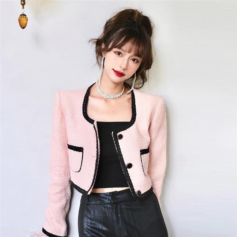 

Women' Jackets Women' 2022 Fashion All Season Womens Full Sleeve Spliced Button Pockets Knitted Jacket Tweed Casual Feathers Pink