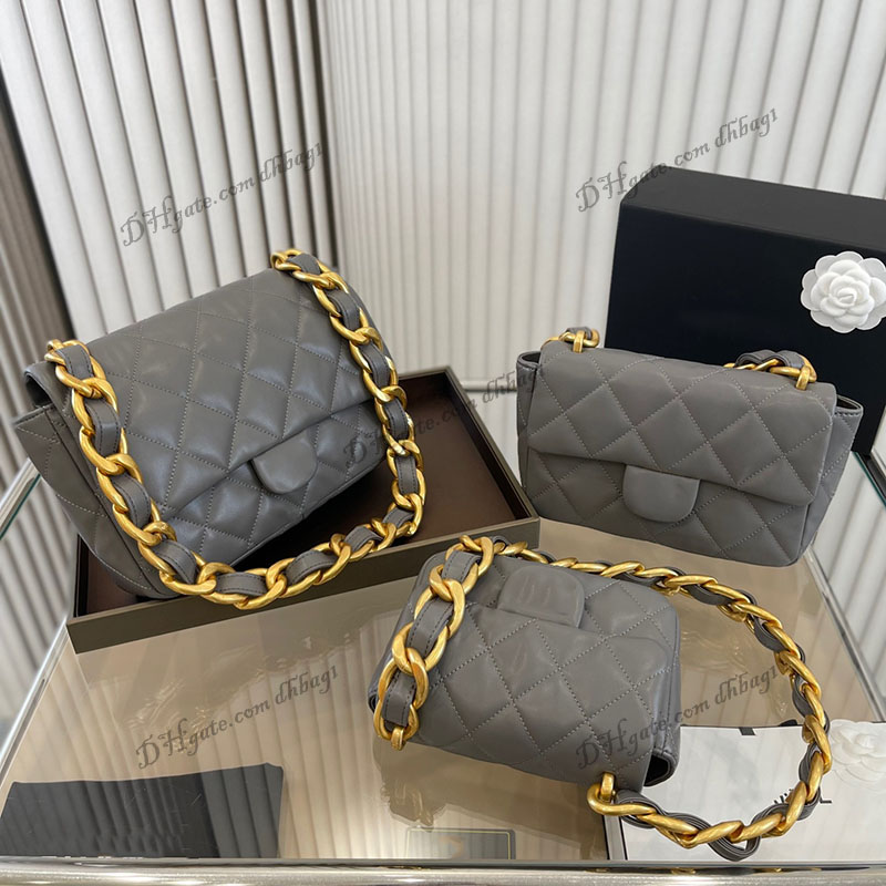 

Women Designer French Shoulder Bags 3 Color Real Leather Square Flap Quilted Crossbody Messenger Hanbag Gold-Tone Metal Hardware Handbag Tote Bag 25cm/21cm/17cm, Grey