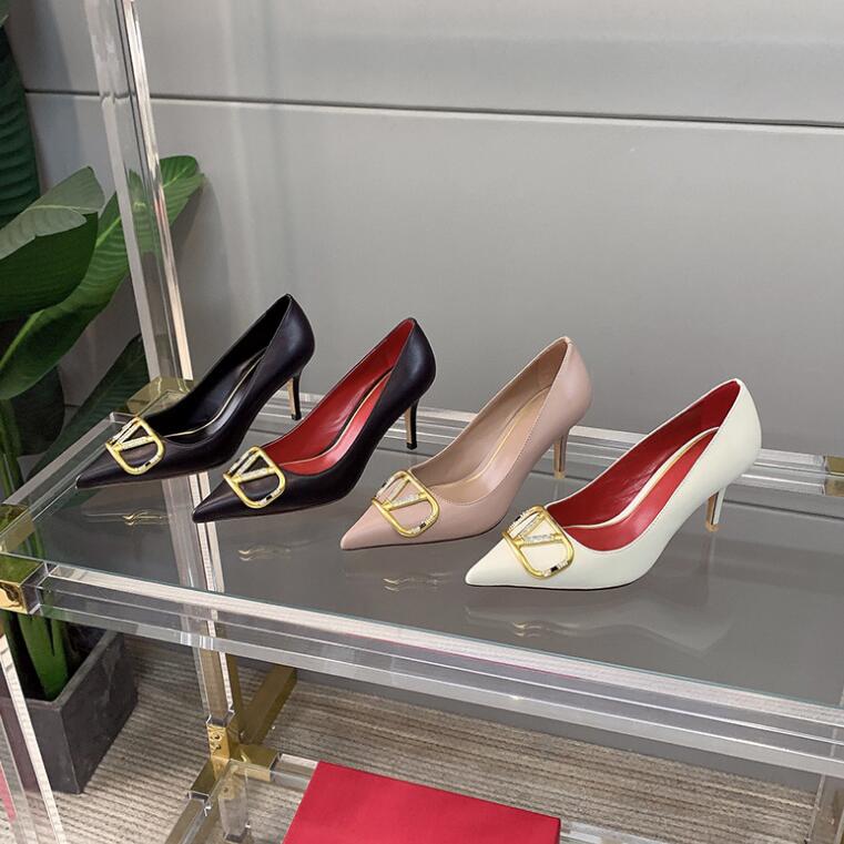 

Women High Heel Shoes V Brand Pointed Sandals Metal Buckle 4cm 6cm 8cm 10cm Thin Heels Shallow Sexy Red Wedding Shoes with Box and Dust Bag Size 34-44, Dark nude