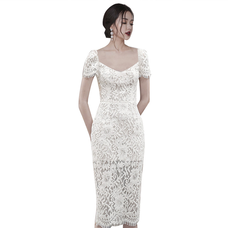 

Office workers are thin temperament intellectual bag hip skirt 2022 autumn and winter new female lace white short -sleeved hollow dress, Ivory