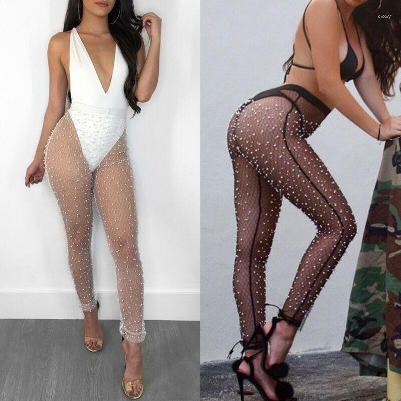 

Women' Swimwear Women' Sexy Women' Mesh Sheer Bikini Cover Up Pants Beaded Perspective Ladies Long Trousers, White