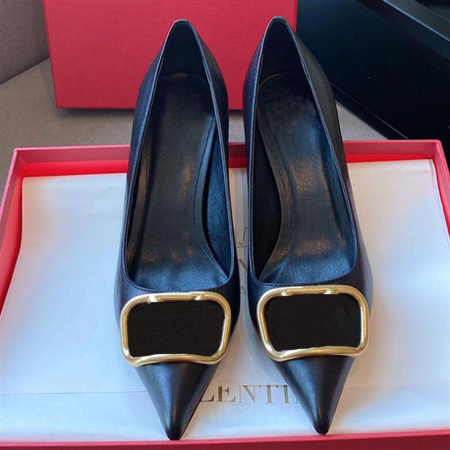 

2021 New Luxury Desinger Women Thin Heels All-match Temperament Metal V Buckle French Pointed Single Shoes Shallow Mouth Pumps286w