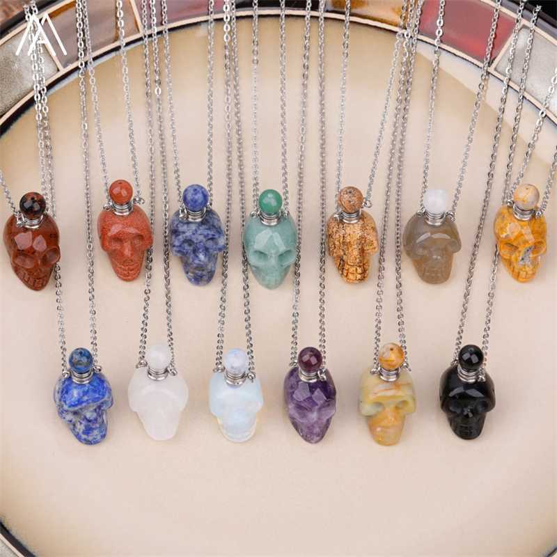 

Gemstone Head Perfume Bottle Pendant For Women Hand Carved Crystal Skull Figurine Essential Oil Necklace Gift Dropship