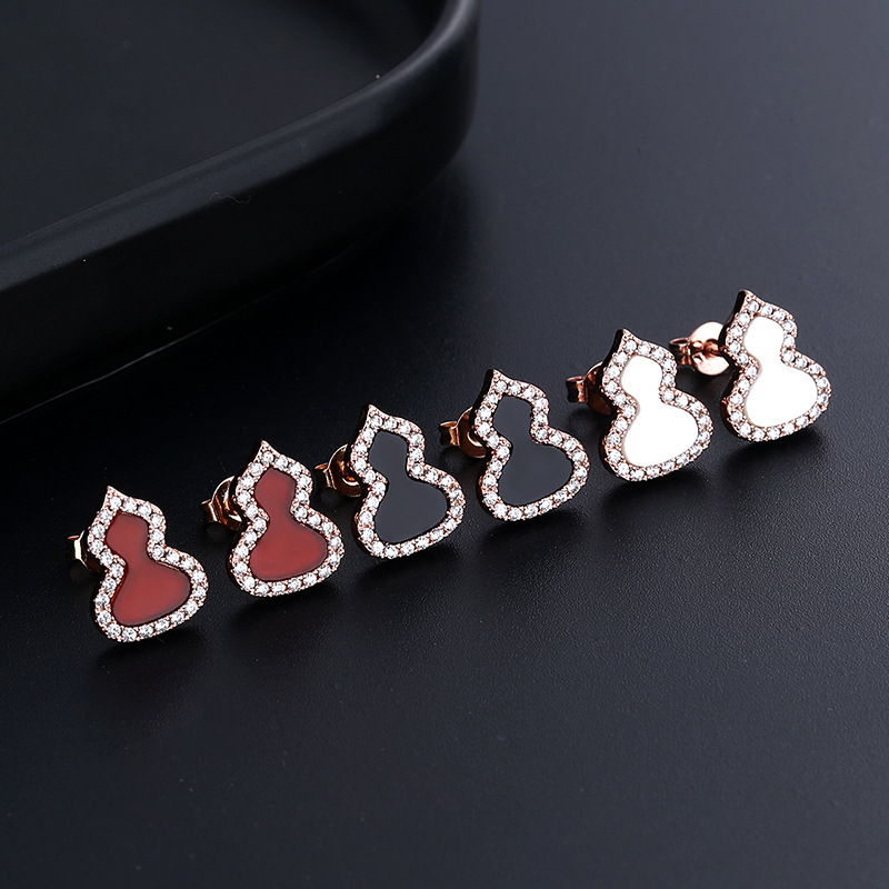

fashion cute gourd designer stud earrings with shining crystal red black white jade agate bling earring ear rings jewelry for women