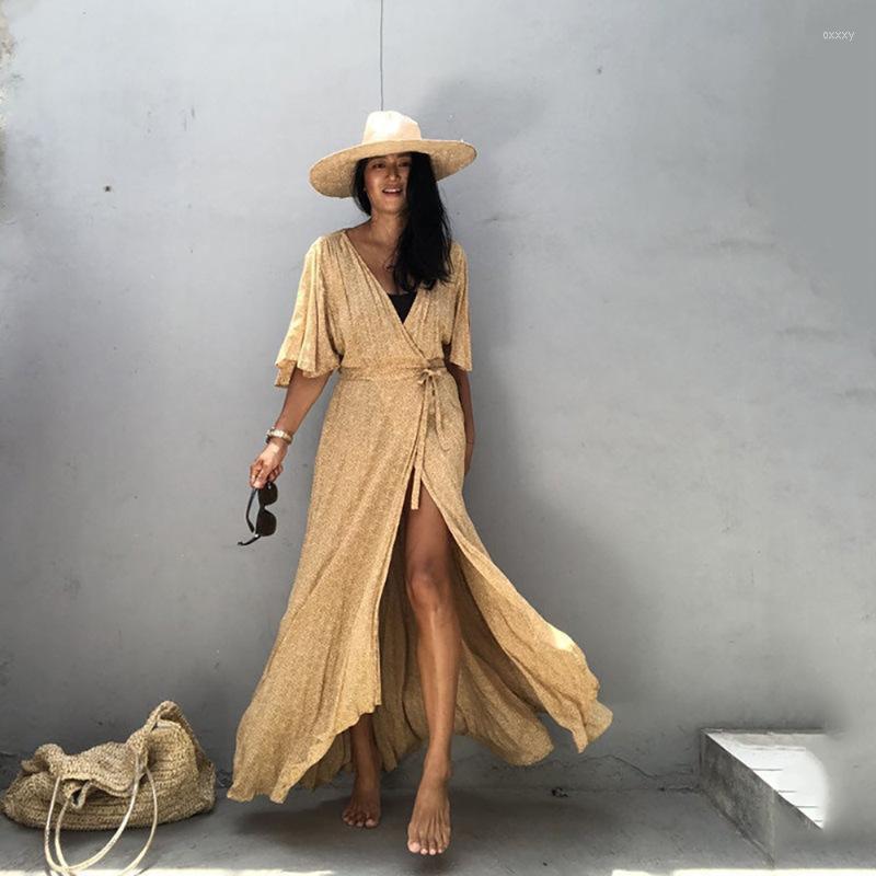 

Women's Swimwear Women's Bohemian Stripe Print Beach Dress Pareo Bikini Cover Up Summer Tunic Women Bathing Suit Kaftan Beachwear Bath, Khaki