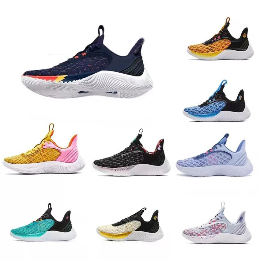 Basketball Chaussures baskets jouent aux entraîneurs rouges blancs bleu paniers de rue jour de jeu nouveau currys flow 9 hommes croient elmo