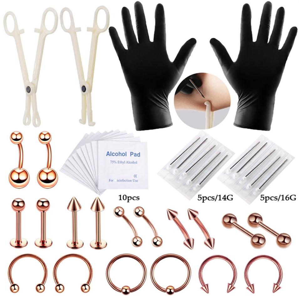 

42pcs set Tongue Eyebrow Nose Belly Button Body Jewelry Piercing Rings Clamp Gloves Needles Tool Kit Ear Plug Prong Studs 0511274U
