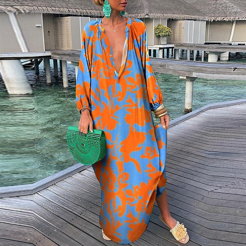 

Casual Dresses Sexy Women Printing Deep V-neck Maxi Dress Spring Autumn Fashion Long Sleeve A-line Party Ladies Beach VestidosCasual, 01 print
