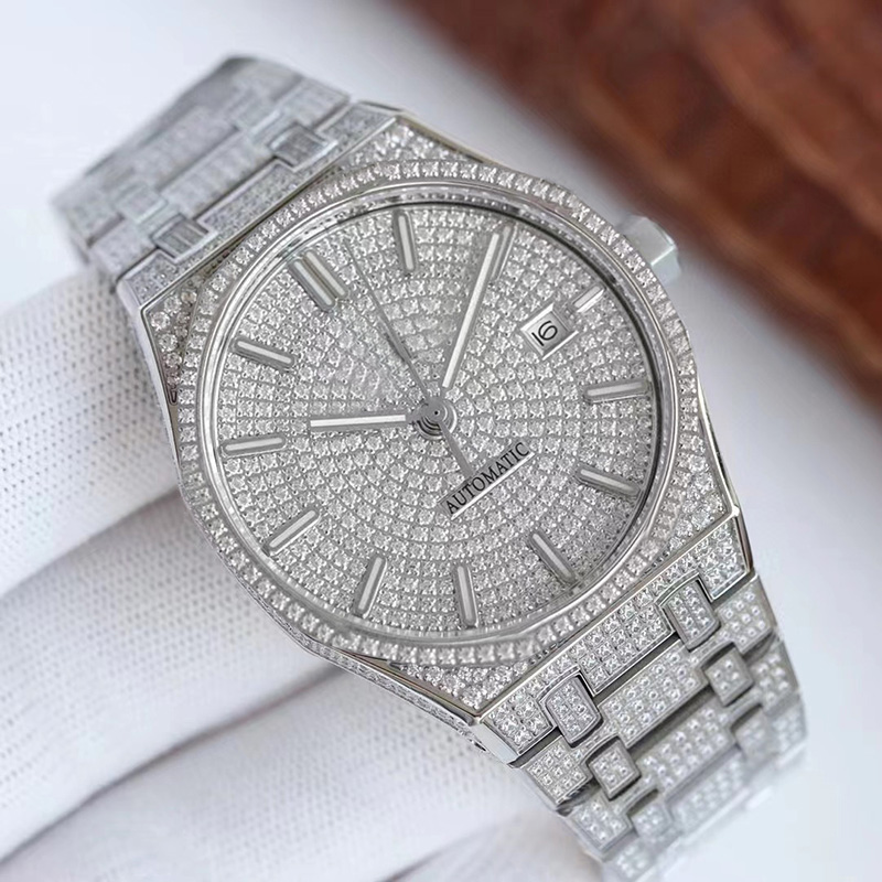 

Full bore men's automatic machine 41mm diamond inlaid fine steel bracelet fashion business watch Montre de Luxe, Freight difference