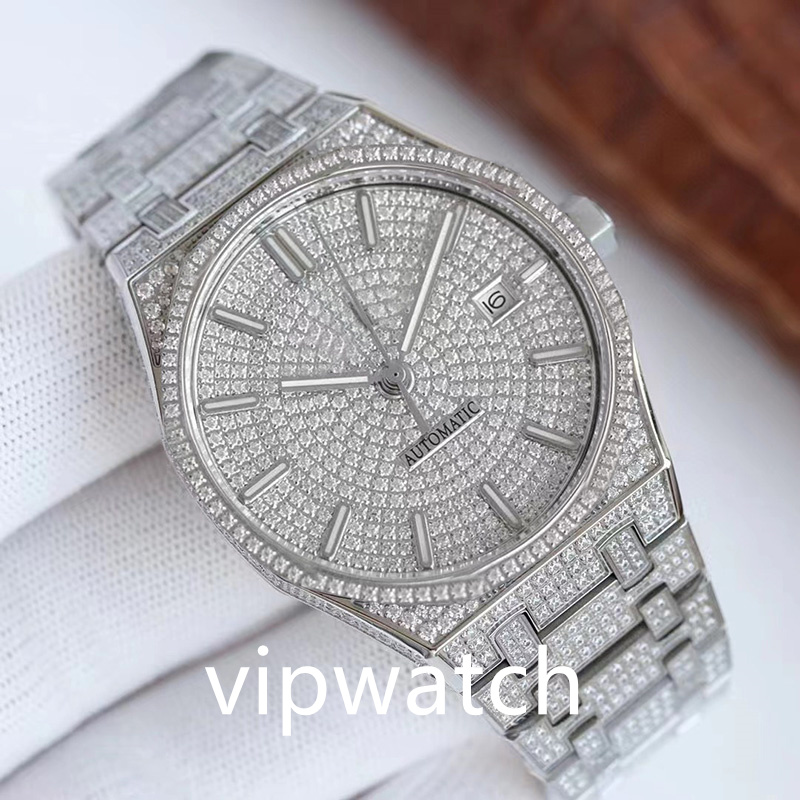 

Fully drilled men's watch automatic mechanical 41mm diamond-encrusted fine steel bracelet fashion business watch Montre de Luxe, Color 1