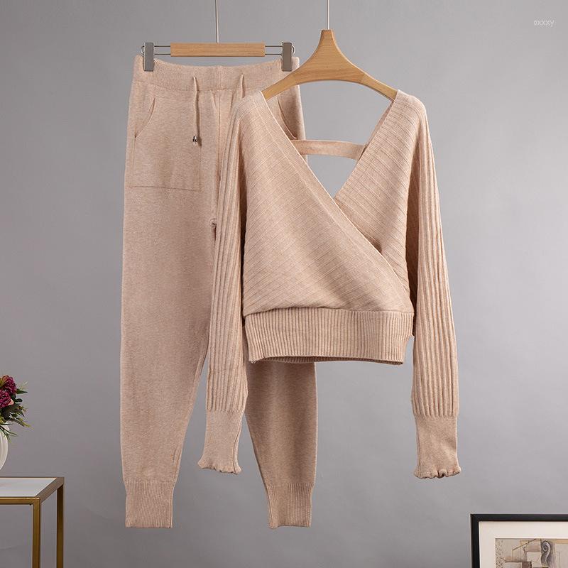 

Women's Two Piece Pants Women's Women Knitted Sweater 2 Sets Casual Outfits 2022 Autumn Winter Long Sleeve V-Neck Pullover And Slim, Purple