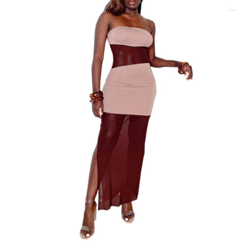 

Casual Dresses Womens Sexy Tube Tops Pencil Dress Fashion Contrast Color Mesh Yarn Stitching Skinny Long Strapless Female VestidosCasual, Pink