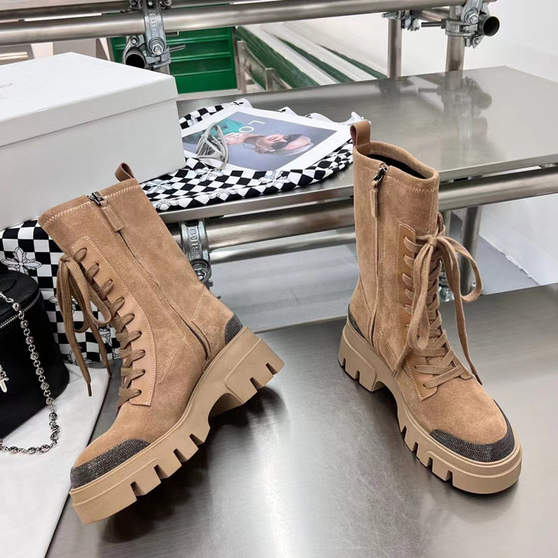 

Brunello Cucinelli Chelsea Boots Women Round Toe Designer Cashmere Metal Elastic Design Slip On Half Booties Ankle Fashion Cowskin Western Botas Solid Color Winter, Original box
