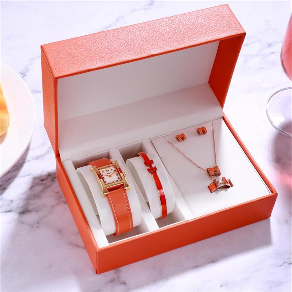 

Wristwatches Stylish H Square Watches Jewelry Set Ladies 2021 Luxury Quartz Wrist For Women Bracelet Necklace Earring Ring Wristwatch3147, Watch only6