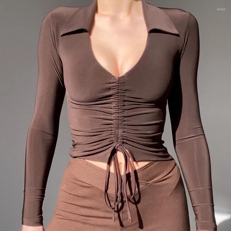 

Women' T Shirts Women' T-Shirt Autumn Long Sleeve Shirt Brown Drawstring Ruched V Neck Slim Crop Top Tees Female Streetwear Fashion