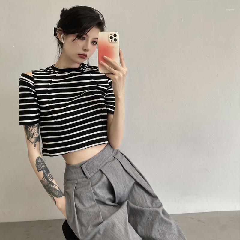 

Women' T Shirts Women' T-Shirt Korean Summer Harajuku Sexy Girl For Female Vintage Striped Strapless Design Short Sleeve Loose Casual, Black