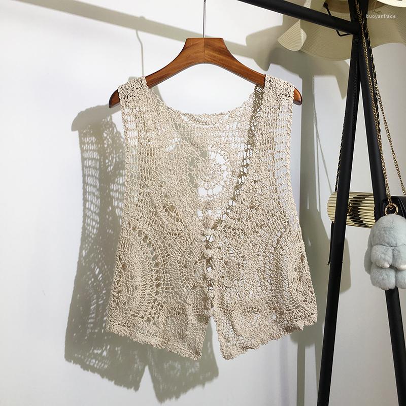 

Women's Vests Hollow Out Knitted Women Vest Summer Design 2022 V-Neck Button Sleeveless Short All Match Female Outwear Tops, Beige