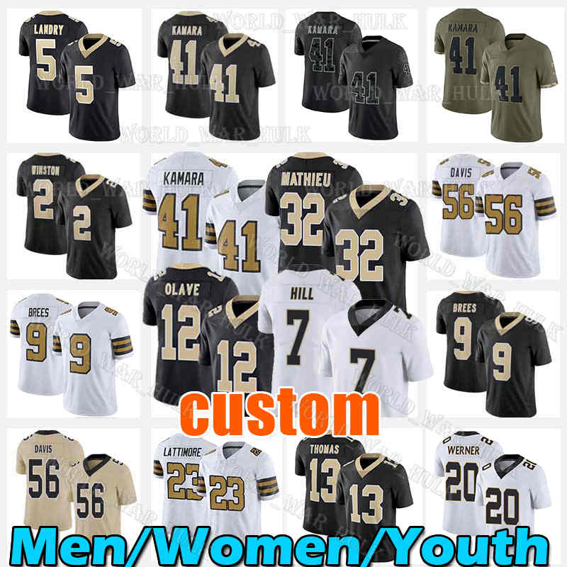 

Alvin Kamara Tyrann Mathieu Football Jersey 9 Drew Brees Chris Olave Jarvis Landry Taysom Hill Michael Thomas Saints Demario Davis Marquez Callaway Payton Turner, Men jersey(s t)