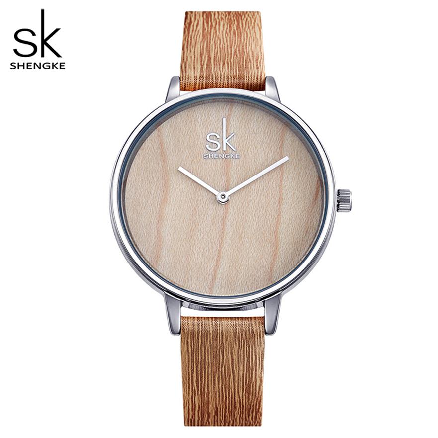 

Shengke 2018 New Creative Women Watches Casual Fashion Wood Leather Watch Simple Female Quartz Wristwatch Relogio Feminino2103, No send watch for shipping
