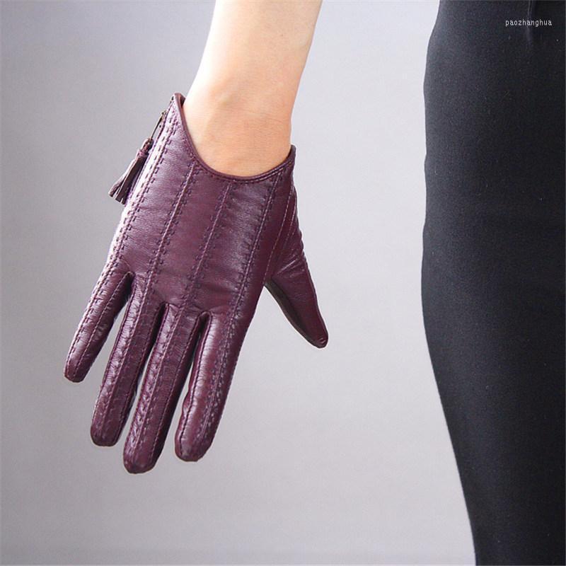 

Five Fingers Gloves Touch Screen Genuine Leather Pure Imported Goatskin Tassel Zipper Short Style Dark Purple Female Function