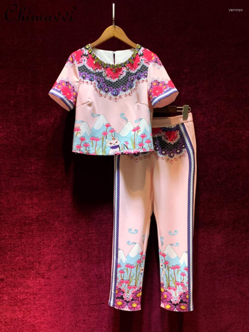 

Women' Two Piece Pants Women' Fashion Retro Printed Design Suit Women' Summer 2022 High-end Beaded Short Sleeve T-shirt Trousers, Pink